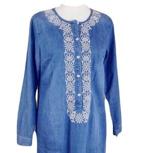 J Jill M Embroidered Chambray Dress 3/4 Sleeve Pockets Boho Western Chic